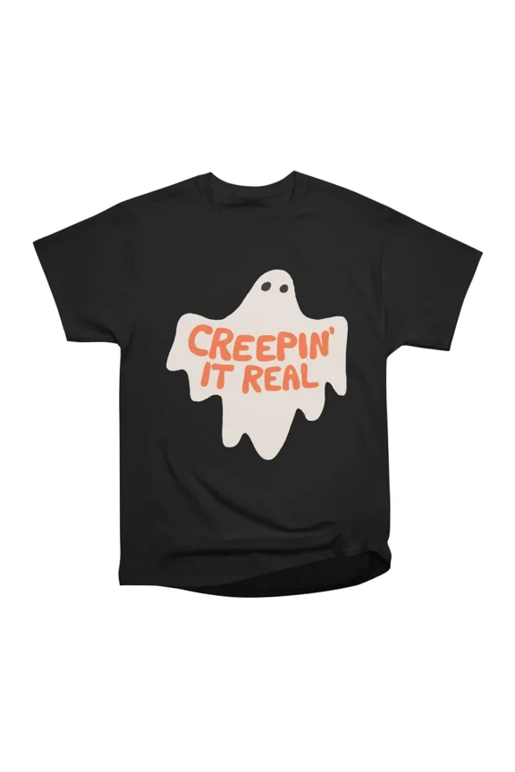 Creepin It Real Ghost Halloween Illustration Orange Text T-Shirt Tee Gift For Him Merch Fo