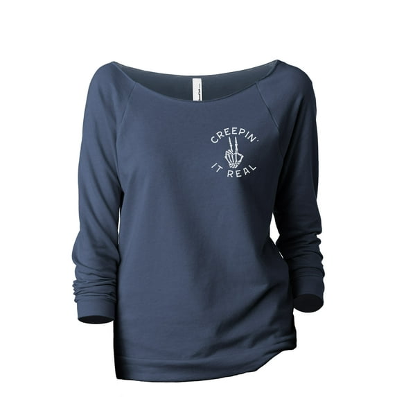 Creepin It Real Women's Fashion Slouchy 3/4 Sleeves Raglan Lightweight Sweatshirt Navy Medium
