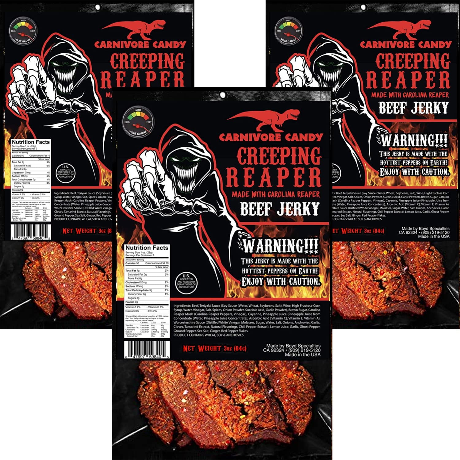 “Creeping Ghost” Carolina Reaper AIF4 Jerky Beef Three 3oz Bags The