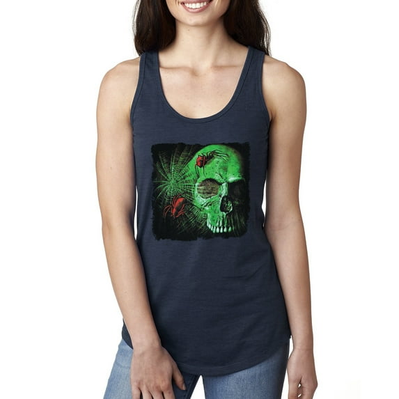 Creepy Bug Insect Skeleton Skull Face Fashion Ladies Racerback Tank Top, Navy, Small