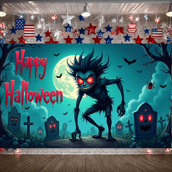 Creepy Cartoon Design Halloween Banner Spooky Graveyard Scene Decorative Elements for Halloween Party Scary Event Haunted House