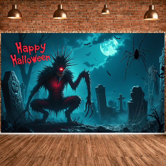 Creepy Cartoon Design Halloween Banner Spooky Graveyard Scene Decorative Elements for Halloween Party Scary Event Haunted House