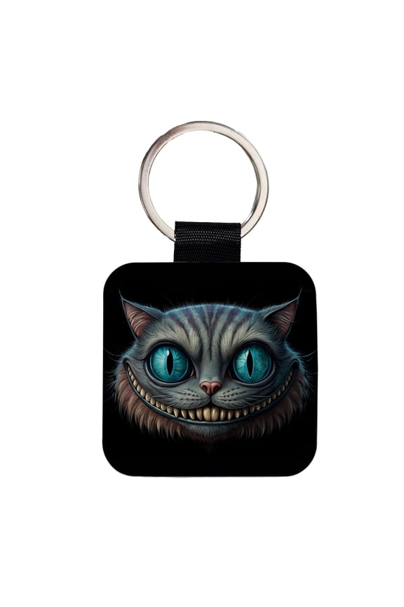 Creepy Cheshire Cat Grin on Black Faux Leather Square Keychain