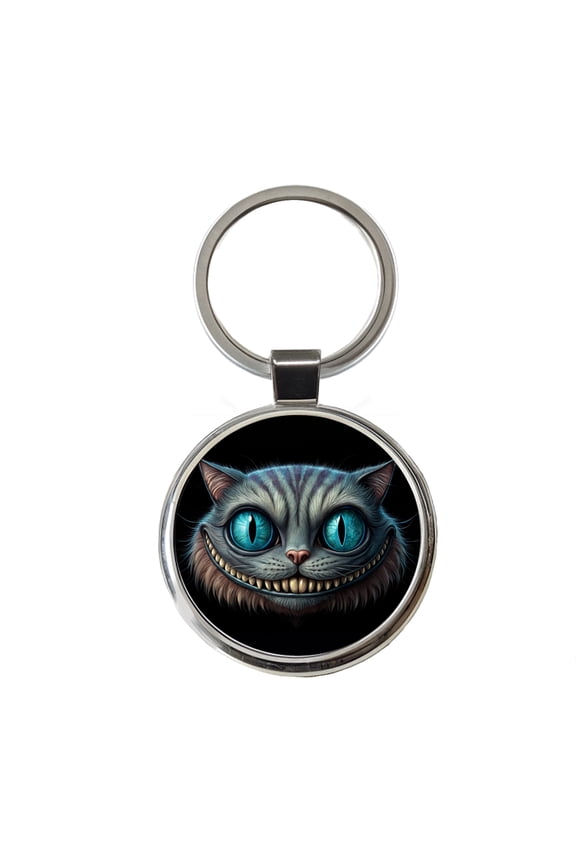 Creepy Cheshire Cat Grin on Black Metal Round Keychain