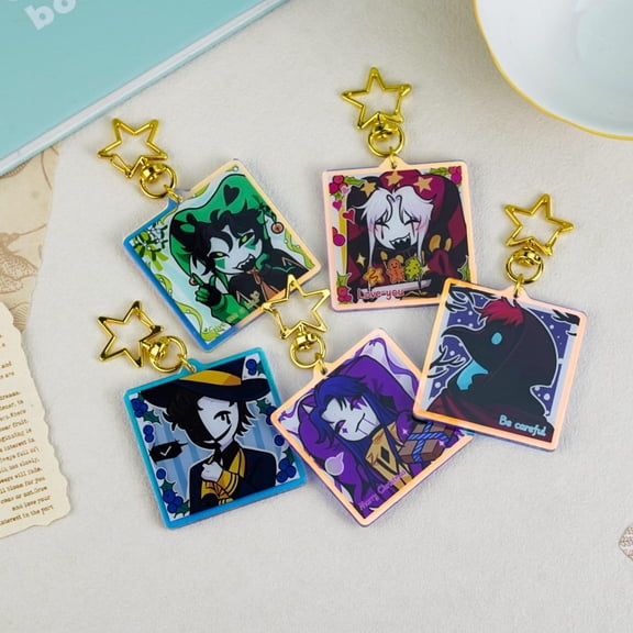 Creepy Circus Character Keychain Set Pierrot Harlequin Jester Gothic Square Acrylic Gold Star Clasp, random 1 pack