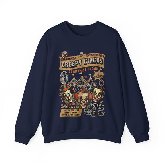Creepy Circus Clown Crewneck Sweatshirt Nostalgia Carnival Halloween Shirt,Navy Color,Size L