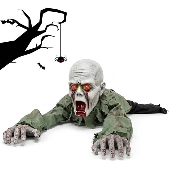 Creepy Crawling Zombie Animatronic, 45-Inch Moving Seasonal Decoration with Sound and LED Eyes, Crawling Figure for Home, Hallway, Covered Porch and Party Displays