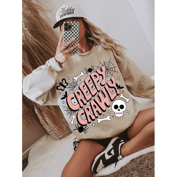 Creepy Crawly Sweatshirt, Cute Halloween Skull and Bones Shirt with Pastel Goth Vibes , Funny Soft Horror Aesthetic for Spooky Season