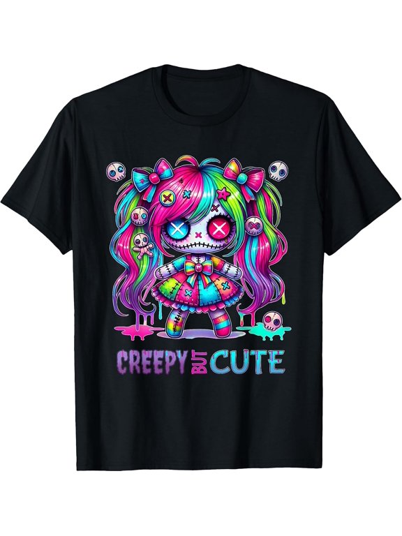 Creepy But Cute Emo Voodoo Doll Spooky & Colorful Kawaii T-Shirt- Classic halloween shirt Unisex 100% Cotton T-Shirt Breathable Casual Everyday Wear Affordable t shirts