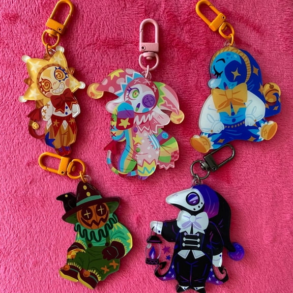 Creepy Cute Jester Doll Acrylic Keychain Chibi Character Bag Charm Gothic Gift, random 1 pack