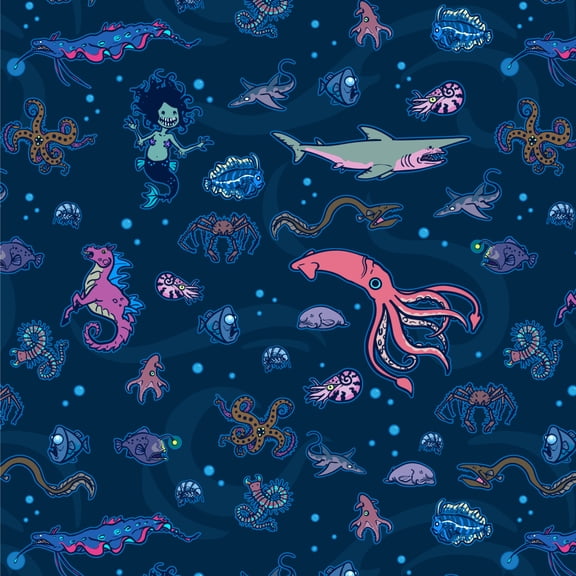 Creepy Deep Sea Creatures Pattern with Mermaid Squid and Shark Premium Roll Gift Wrap Wrapping Paper