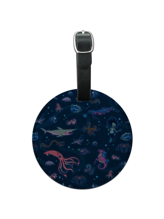 Creepy Deep Sea Creatures Pattern with Mermaid Squid and Shark Round Leather Luggage Card Suitcase Carry-On ID Tag
