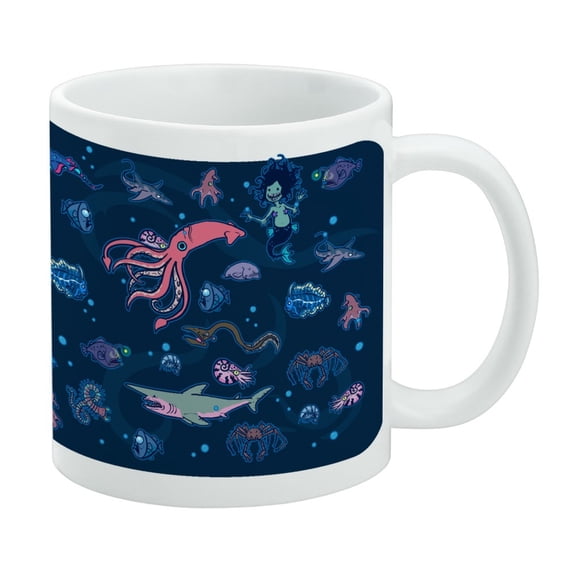 Creepy Deep Sea Creatures Pattern with Mermaid Squid and Shark White Mug