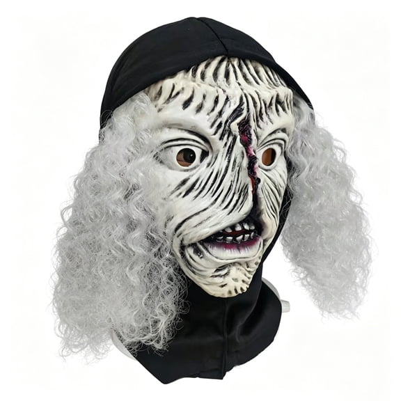 Creepy Ghost Mask with Wig,Realistic Crack Face Ghost Doll Mask,Scary Kills White Face Masks Fancy Dress for Halloween Carnival Costume Party