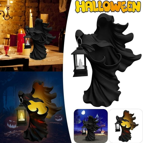Creepy Grim Reaper Statue Solar Light Hell Messenger with Lantern Statue Faceless Ghost Sculpture for Yard Garden Patio