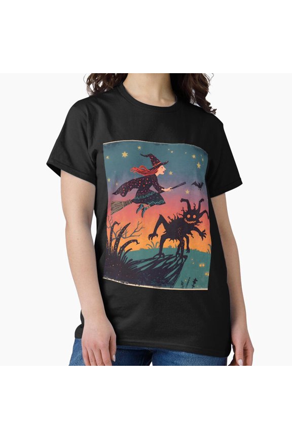 Creepy Halloween Witch Flying Over Monster Funny G5224 Unisex T-Shirt, Up to Size 5XL