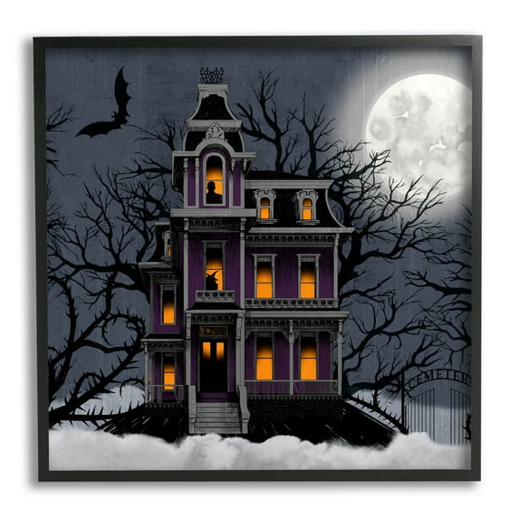 Creepy Haunted Halloween House Under Moonlit Sky Holiday Painting Framed Art Print Wall Art