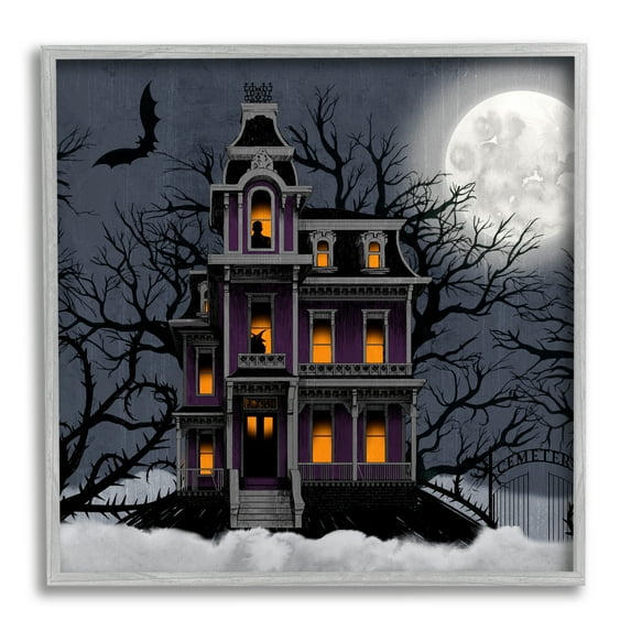 Creepy Haunted Halloween House Under Moonlit Sky Holiday Painting Framed Art Print Wall Art