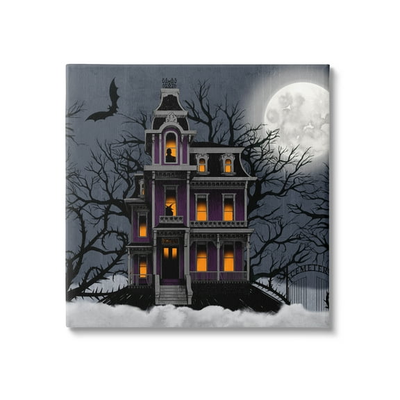 Creepy Haunted Halloween House Under Moonlit Sky Holiday Painting Gallery-Wrapped Canvas Print Wall Art