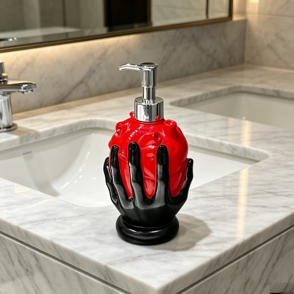 Heart-Shaped Hand Soap/Lotion Dispenser, Gothic-Style Bottle, Spooky Bathroom Liquid Dispenser, Spooky Gift for Friends, Bathroom Countertop Decoration,Black and red