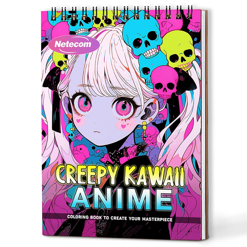 Creepy Kawaii Anime Coloring Book Spiral Bound For Adults, A5 Wooden Cover, 30 Adorable yet Eerie Coloring Pages in Kawaii Horror Style for Stress Relief and Relaxation