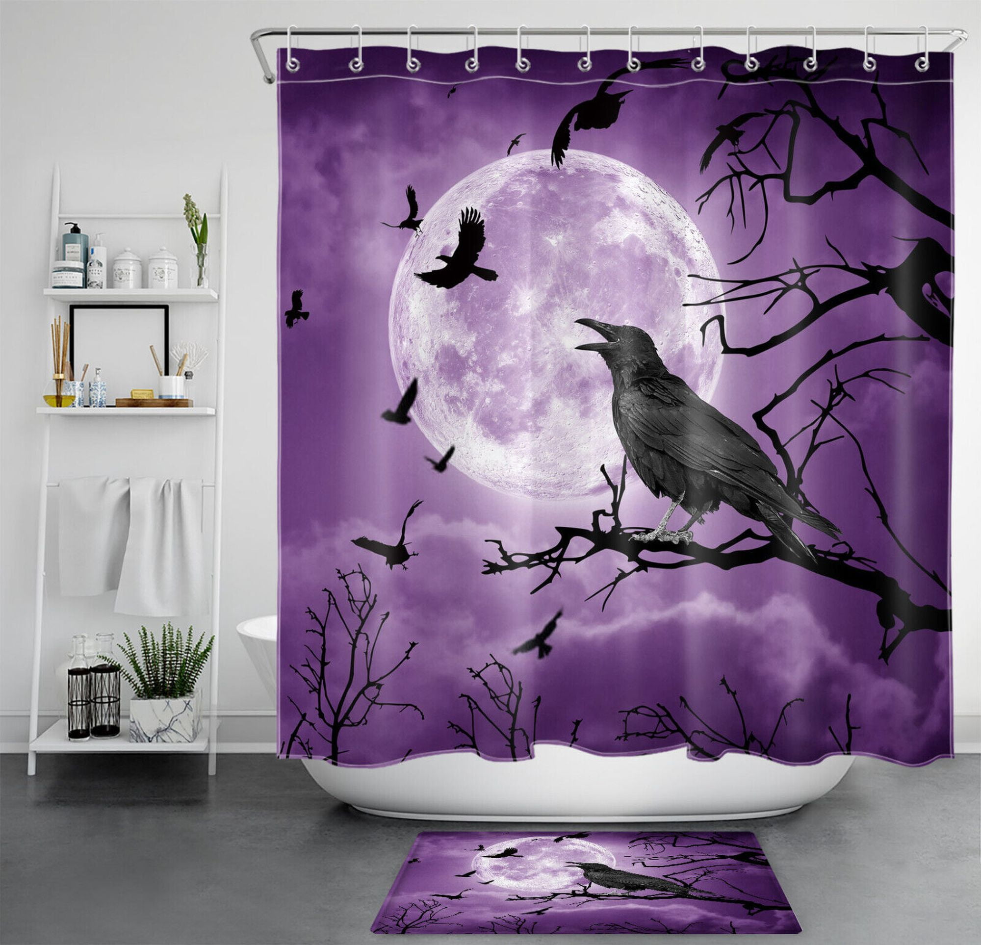 Creepy Raven Shower Curtain Set Gothic Bath Decor for a Mysterious