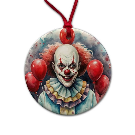 Creepy Scary Evil Clown With Red Balloons Watercolor Christmas Tree Holiday Round Ceramic Ornament