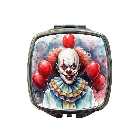 Creepy Scary Evil Clown With Red Balloons Watercolor Travel Makeup Handbag Purse Small Pocket Compact Mirror