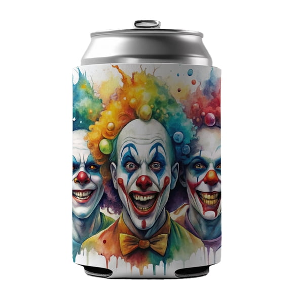 Creepy Scary Evil Killer Clowns Watercolor Drink Beer Soda Insulated Sleeve Holder Can Cooler Hugger