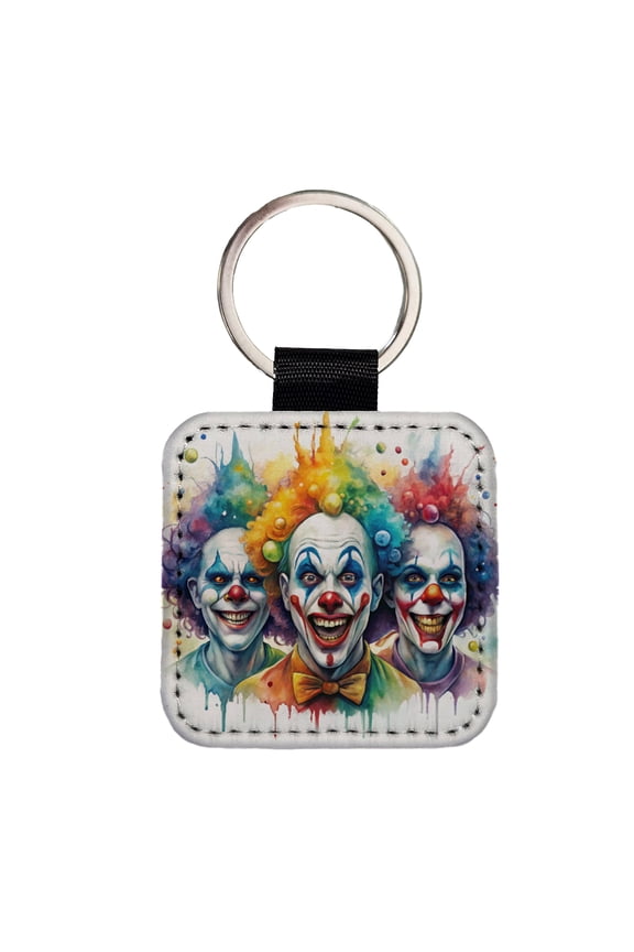Creepy Scary Evil Killer Clowns Watercolor Faux Leather Square Keychain