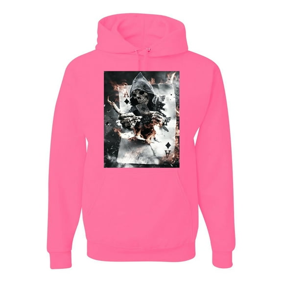 Creepy Skeleton Ace of Spades Metal Fashion Graphic Hoodie Sweatshirt, Neon Pink, Large
