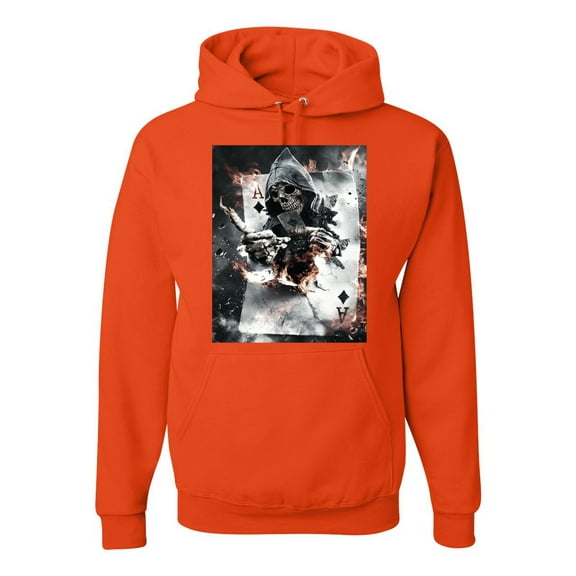 Creepy Skeleton Ace of Spades Metal Fashion Graphic Hoodie Sweatshirt, Orange, X-Large