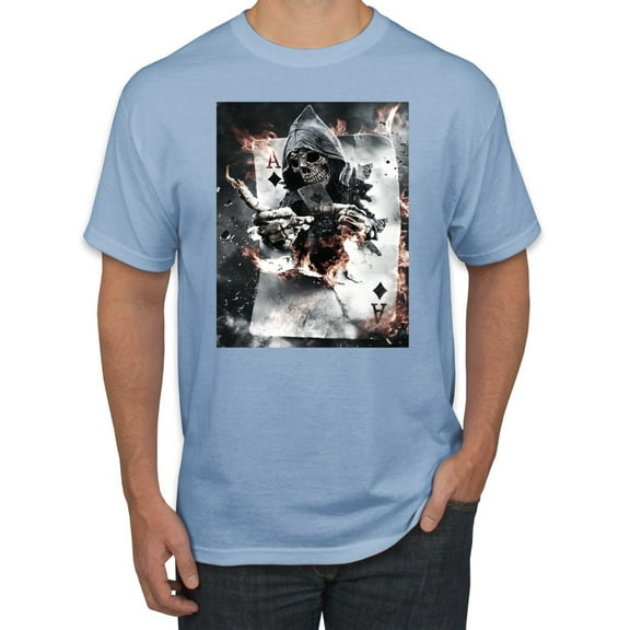 Creepy Skeleton Ace of Spades Metal Fashion Graphic T-Shirt, Light Blue, Medium