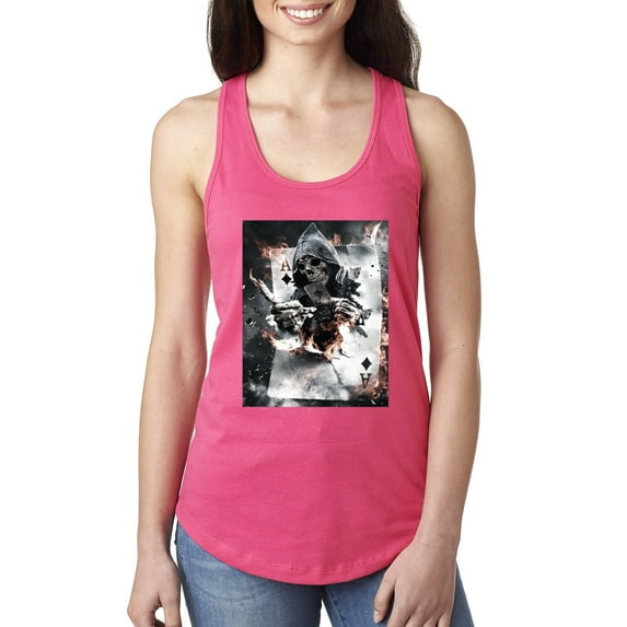 Creepy Skeleton Ace of Spades Metal Fashion Ladies Racerback Tank Top, Hot Pink, X-Large