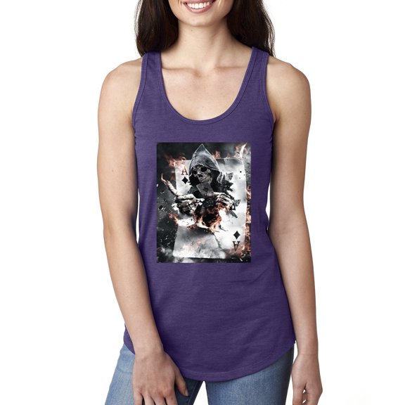Creepy Skeleton Ace of Spades Metal Fashion Ladies Racerback Tank Top, Purple Rush, Medium