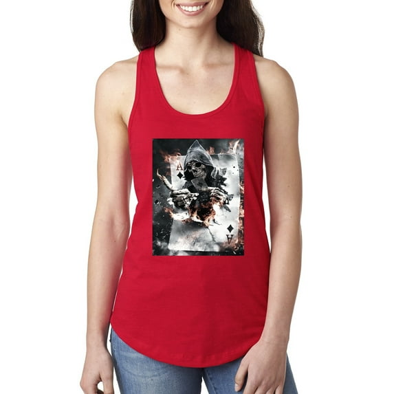 Creepy Skeleton Ace of Spades Metal Fashion Ladies Racerback Tank Top, Red, Small