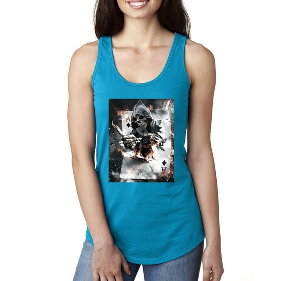 Creepy Skeleton Ace of Spades Metal Fashion Ladies Racerback Tank Top, Turquoise, X-Large