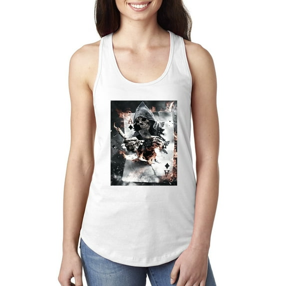 Creepy Skeleton Ace of Spades Metal Fashion Ladies Racerback Tank Top, White, Large