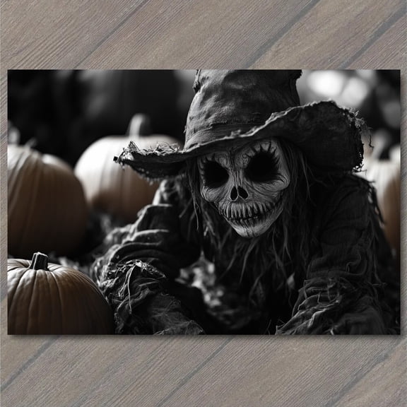 Creepy Skull Faced Scarecrow Pumpkin Patch Spooky Halloween Horror Wall Art Print, Living Room And Gallery Wall Decor