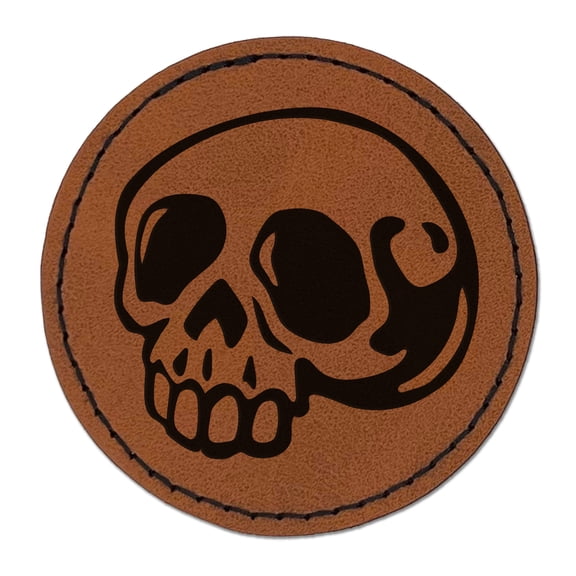 Creepy Skull Halloween 2.5" Faux Leather Round Engraved Iron-On Patch - Brown