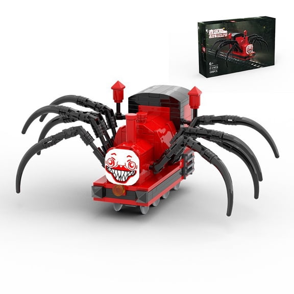 Creepy Spider Train Building Blocks Set, A Strange Halloween Gift for Kids, Compatible with Major Brick Brands, Unique Smiling Red Locomotive with 8 Spider Legs, Birthday Party Toy