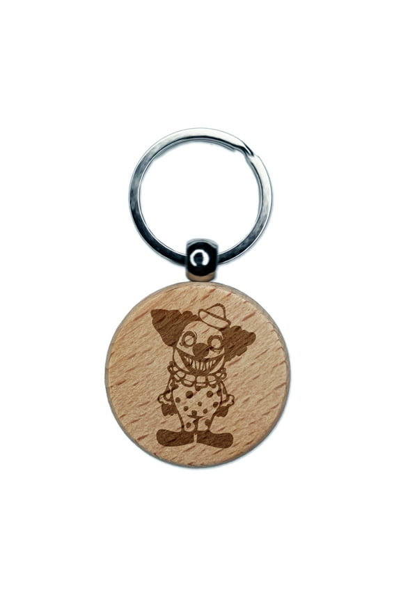 Creepy Spooky Little Grinning Clown Horror Round Keychain Charm Tag - Engraved Wood
