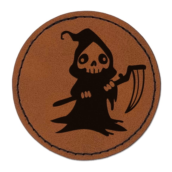 Creepy Spooky Skeleton Grim Reaper with Scythe Horror 2.5" Faux Leather Round Engraved Iron-On Patch - Brown