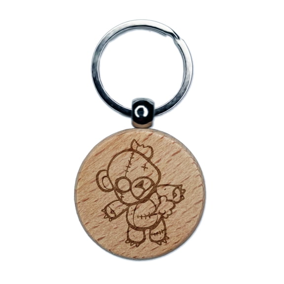 Creepy Spooky Stitched Teddy Bear Horror Round Keychain Charm Tag - Engraved Wood