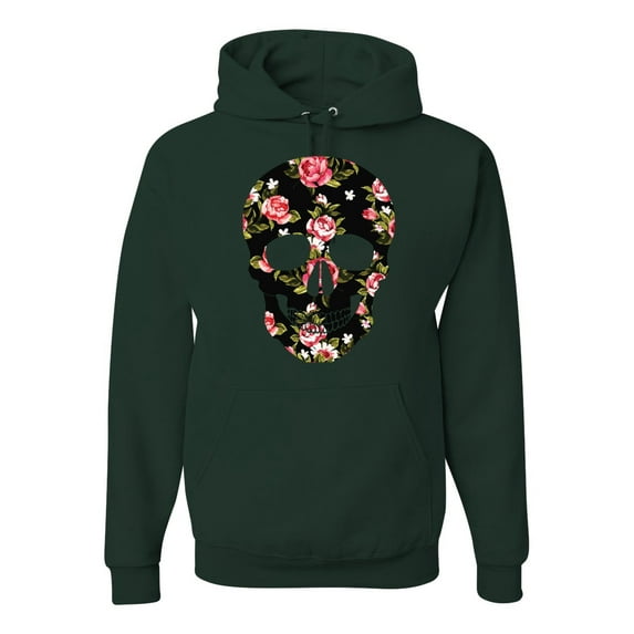 Creepy Tulip Nature Floral Skull Fashion Graphic Hoodie Sweatshirt, Forest Green, X-Large