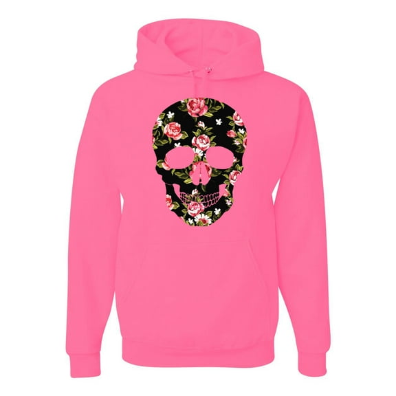 Creepy Tulip Nature Floral Skull Fashion Graphic Hoodie Sweatshirt, Neon Pink, Small
