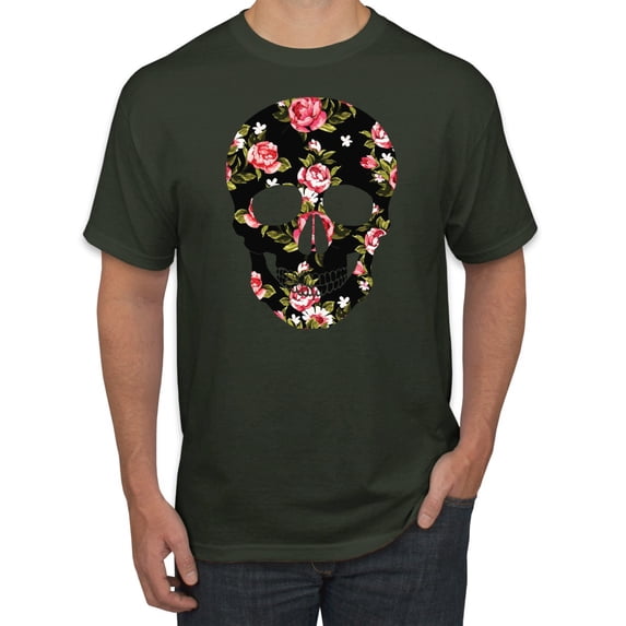 Creepy Tulip Nature Floral Skull Fashion Graphic T-Shirt, Forest Green, 3XL