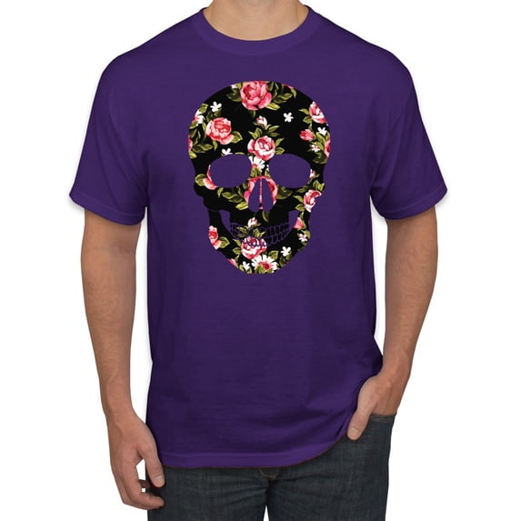 Creepy Tulip Nature Floral Skull Fashion Graphic T-Shirt, Purple, Medium
