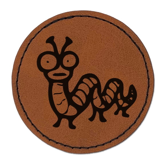 Creepy Weird Worm Caterpillar 2.5" Faux Leather Round Engraved Iron-On Patch - Brown