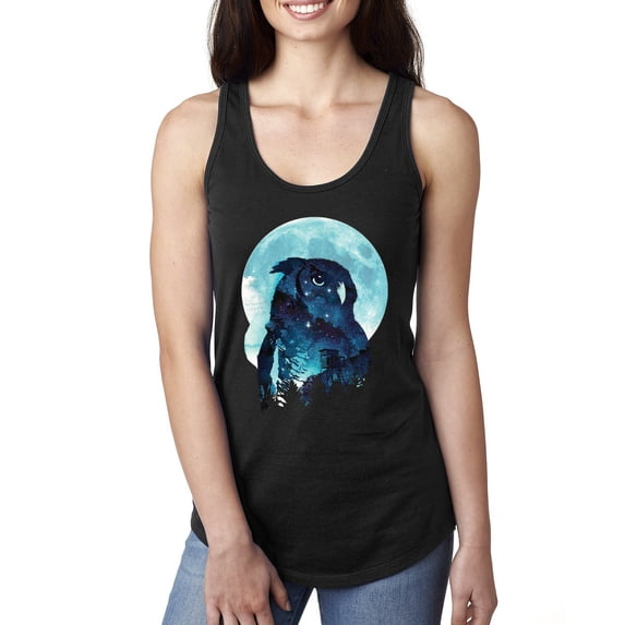 Creepy Winter Beach Night Owl Fashion Ladies Racerback Tank Top, Black, X-Large